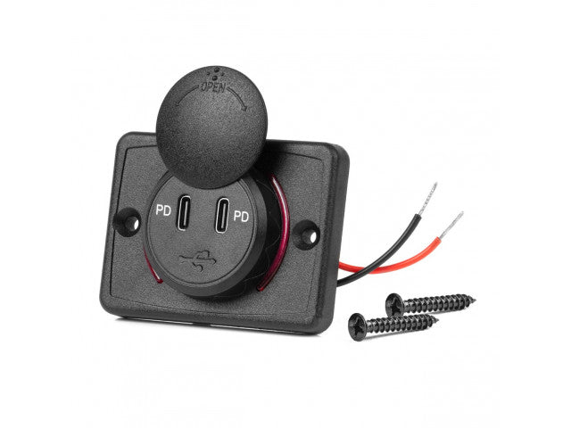 Vierkante waterdichte lader met rode LED-achtergrondverlichting, 2x USB C, 12/24V (64x48mm) - Default Title