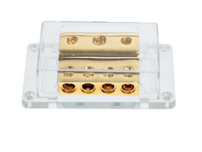 Verdeelblok (goud) 1 x 50 mm² + 2 x 20 mm² / 4 x 20 mm²