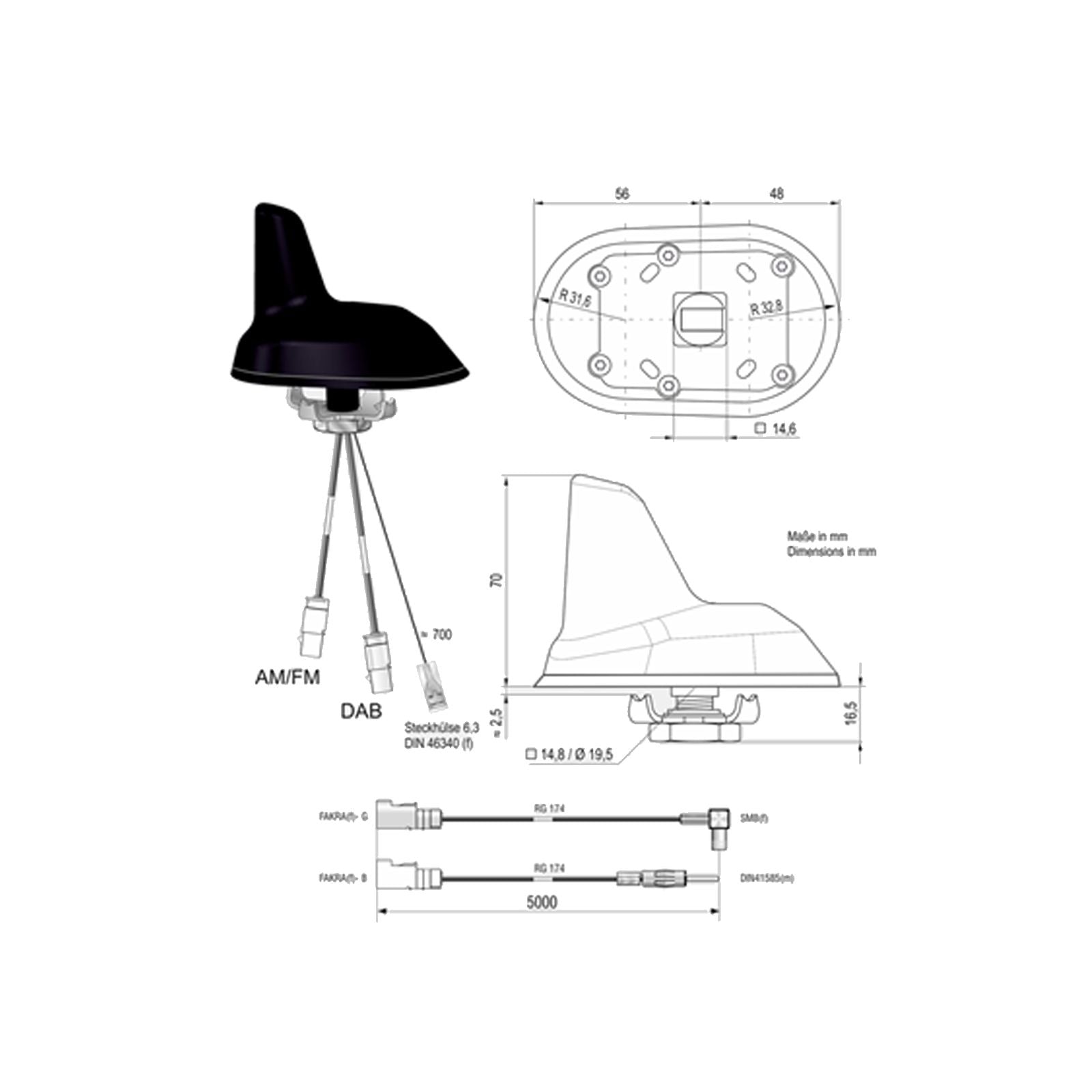 Combi antenne AM/FM / DAB (Shark) Din M / SMB F 5mtr