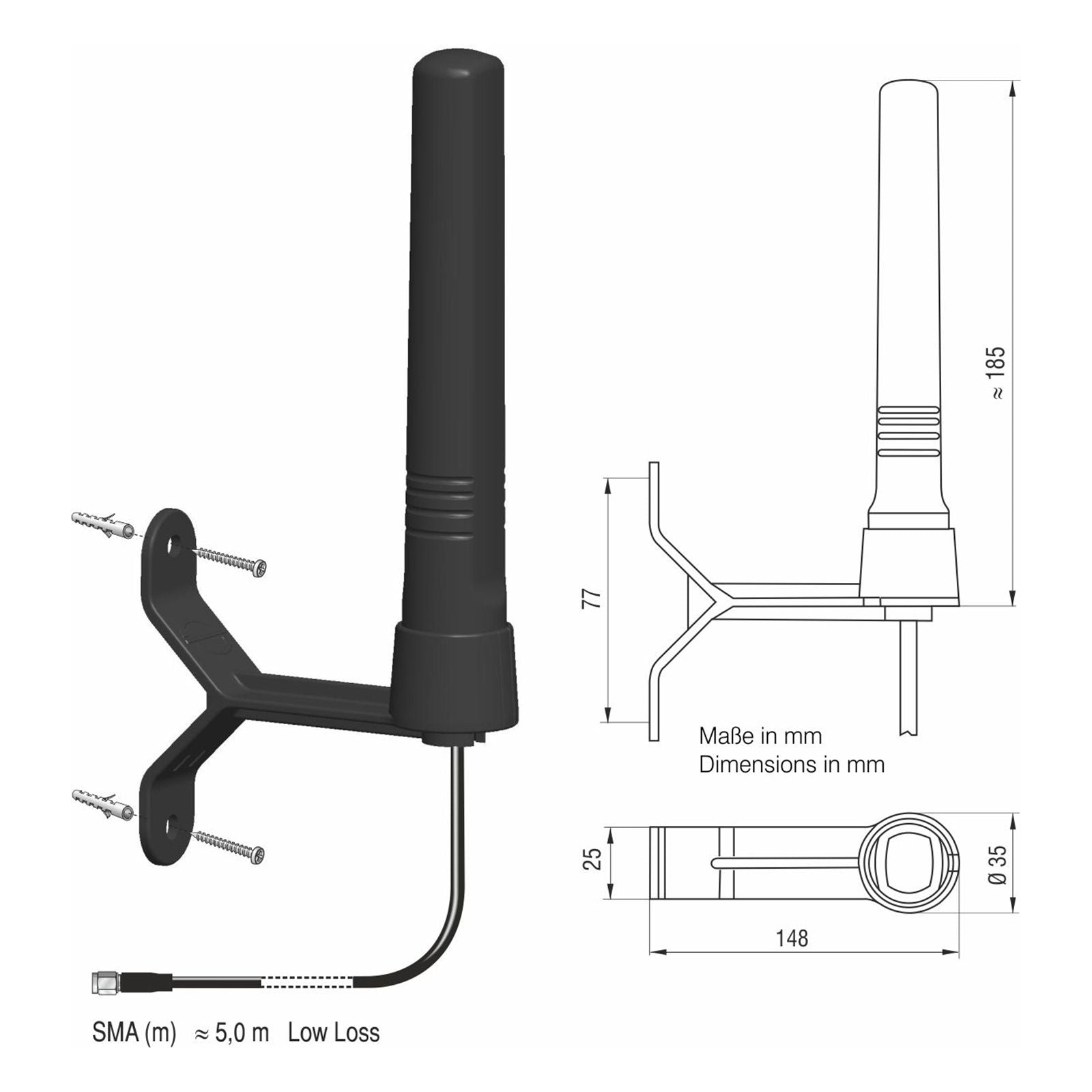Antenne vast LTE  GSM  ISM  UMTS  WLAN SMA M Low Loss 5m
