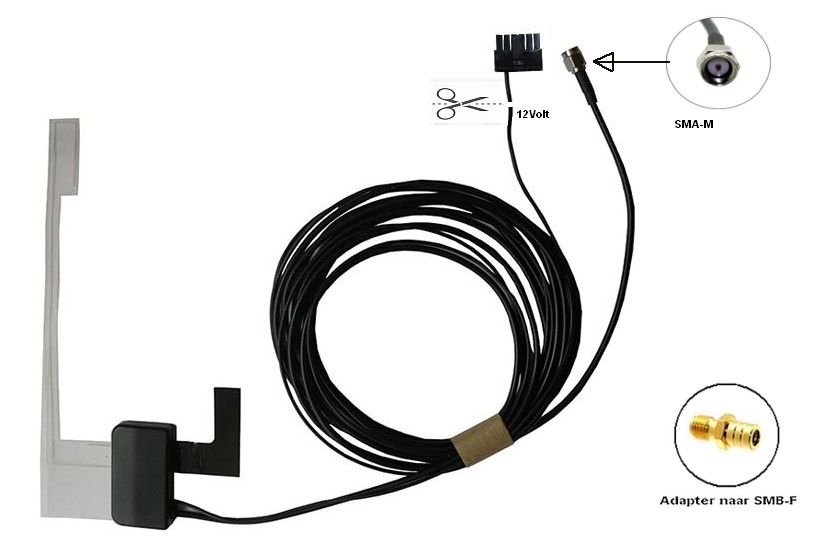 Antenne DAB+ binnenruit aktief 12V SMA M / SMB F 3 meter
