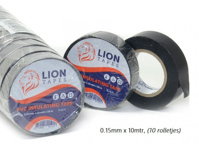 Lionbrand isolatietape 15mm x 10 meter zwart, 10 rolletjes, (150% oprekbaar!!)