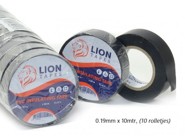 Lionbrand isolatietape 19mm x 10 meter zwart, 10 rolletjes, (150% oprekbaar!!)