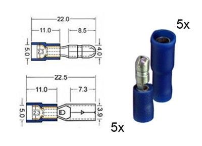 Kabelschoen rond  assortiment 5 man. + 5 vrouw. blauw 4mm