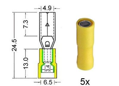Kabelschoen cylindrisch vrouw. 5 0mm geel 5 stuks
