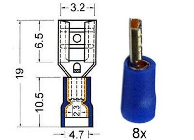Kabelschoen schuif vrouw  verguld  2 8 mm blauw  8 stuks.