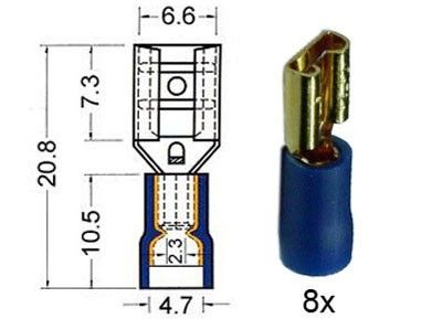 Kabelschoen vrouwelijk  verguld  6 3 mm blauw  8 stuks.